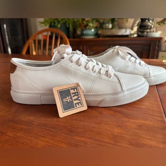 Frye Shoes - Frye White Canvas Low-Top Sneakers with Brown Heel Accent